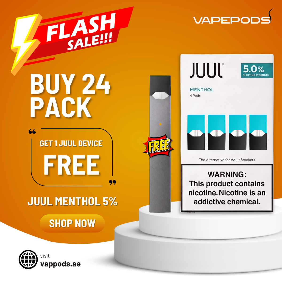 Promotional graphic for a VapePods JUUL Menthol 5% nicotine pouch pack, featuring a single JUUL device next to its retail box on a white pedestal against a bright orange background with sale text and a free device offer.