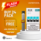 Promotional graphic for a VapePods JUUL Menthol 5% nicotine pouch pack, featuring a single JUUL device next to its retail box on a white pedestal against a bright orange background with sale text and a free device offer.