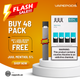 Promotional graphic for a VapePods Juul Minthol 5% buy 48 pack offer, featuring a JUUL device and two pods on a white pedestal against a bright orange and yellow background with sale text.