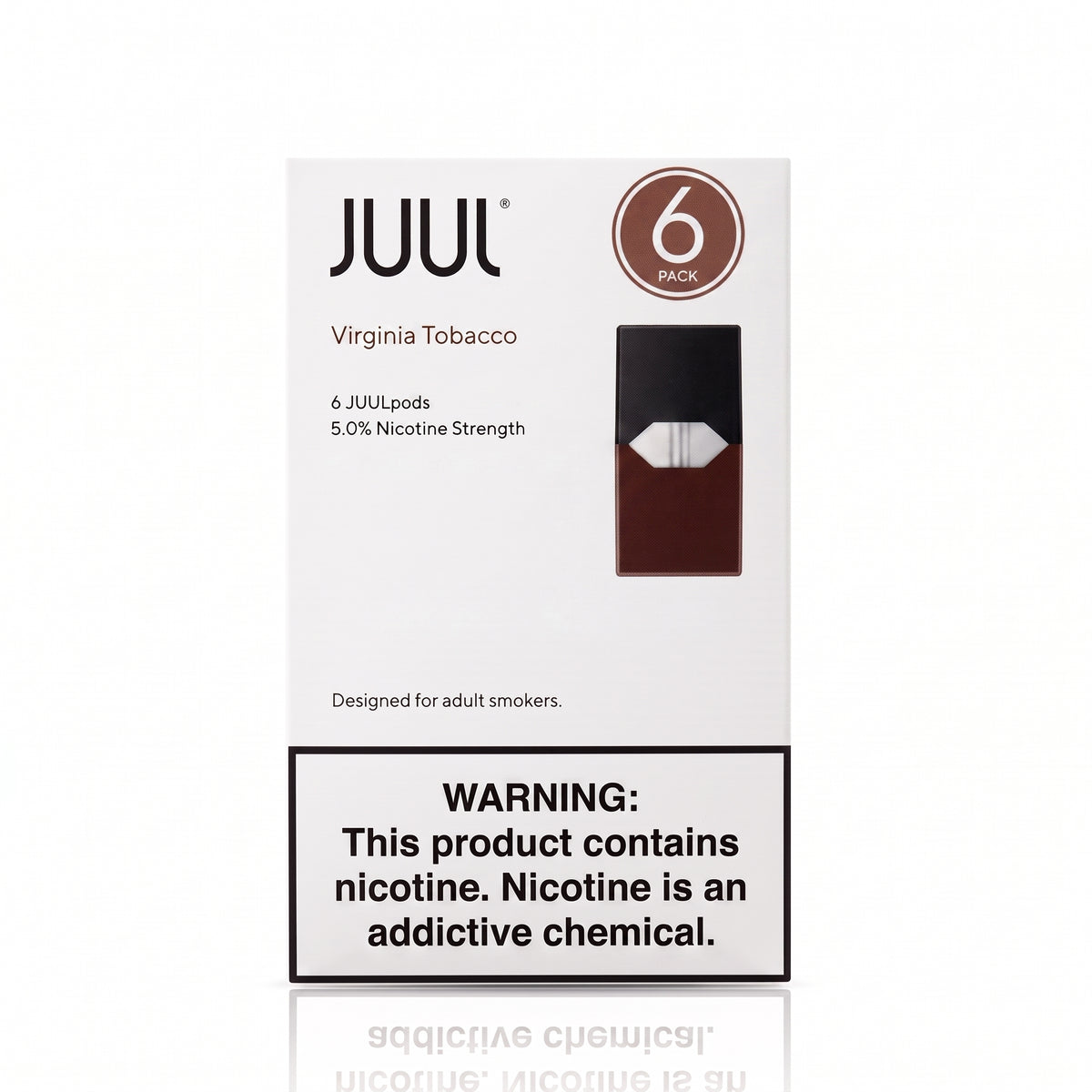 Juul Virginia Tobacco 6-pack box packaging on a white background, featuring the Juul logo, a depiction of the pod device, and a prominent nicotine warning label.