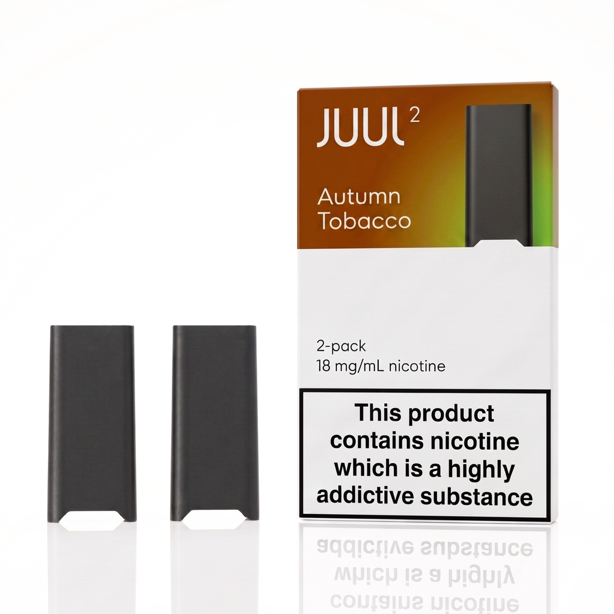 Two black JUUL 2 disposable vape devices shown next to their retail packaging on a white background. The packaging is white with a brown-to-green gradient top section labeled 'JUUL 2 Autumn Tobacco' and a prominent nicotine warning label.