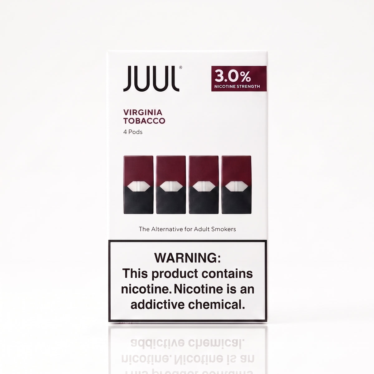 A box of JUUL Virginia Tobacco 3.0% nicotine strength pods, featuring four pods pictured on the front alongside a prominent nicotine warning label.