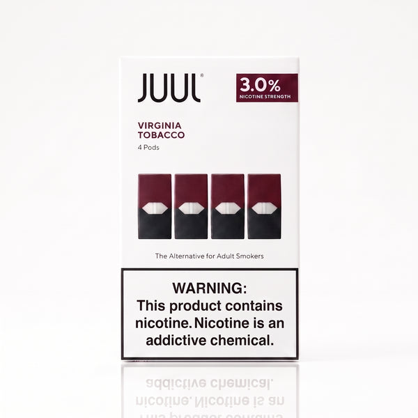 A box of JUUL Virginia Tobacco 3.0% nicotine strength pods, featuring four pods pictured on the front alongside a prominent nicotine warning label.