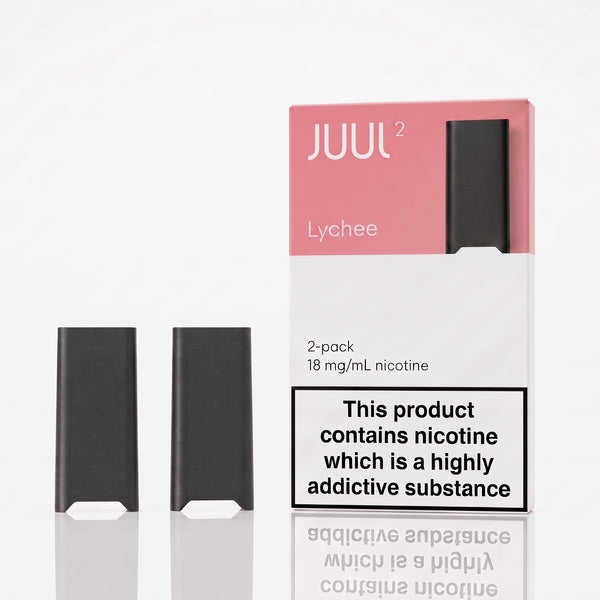 Two black JUUL 2 Lychee disposable vape devices shown next to their pink and white retail packaging box on a clean white background.