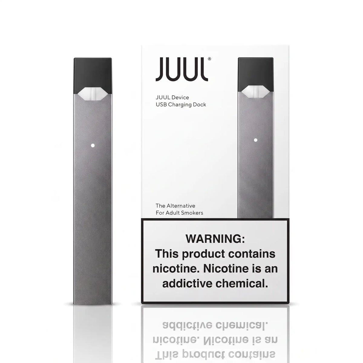 A JUUL disposable vape device and its white charging dock box are shown on a clean white background, with a prominent nicotine warning label on the front of the packaging.