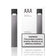 A JUUL disposable vape device and its white charging dock box are shown on a clean white background, with a prominent nicotine warning label on the front of the packaging.