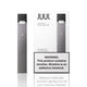 A JUUL disposable vape device and its white charging dock box are shown on a clean white background, with a prominent nicotine warning label on the front of the packaging.