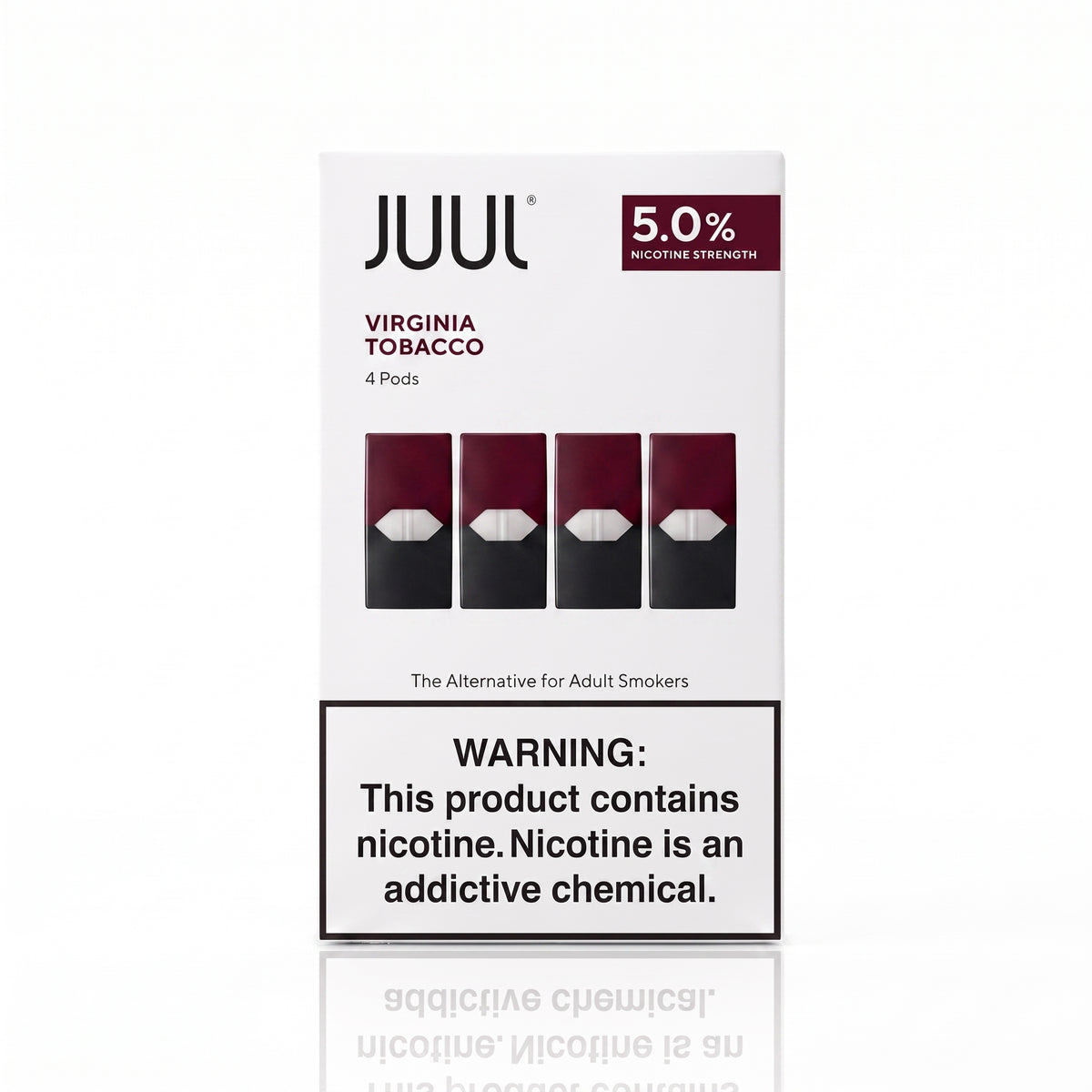 Juul Virginia Tobacco 5.0% nicotine strength pod packaging, showing four pods and a prominent nicotine warning label on a white background.