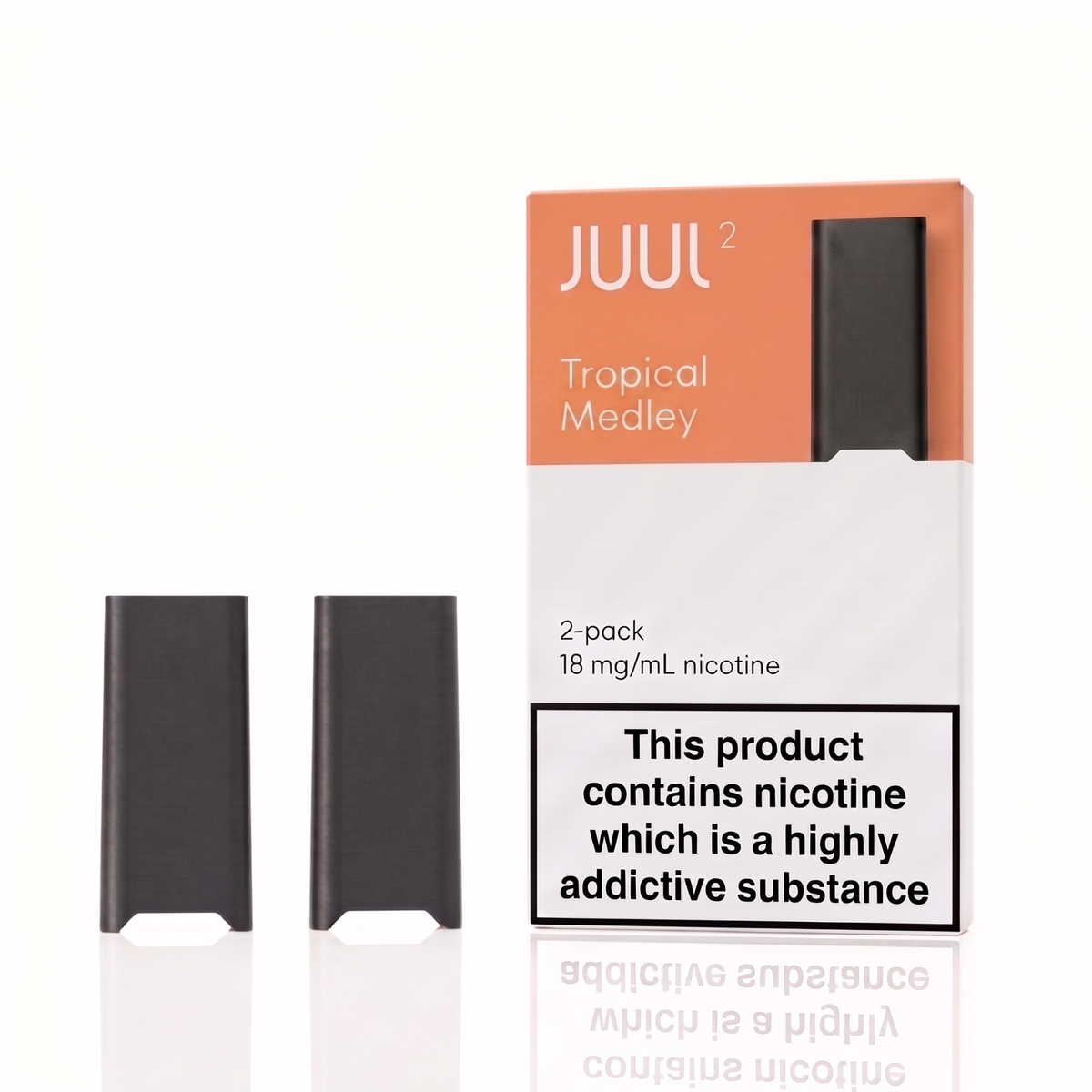 Two black JUUL disposable vape devices shown next to their retail packaging box labeled 'JUUL Tropical Medley' on a clean white background.