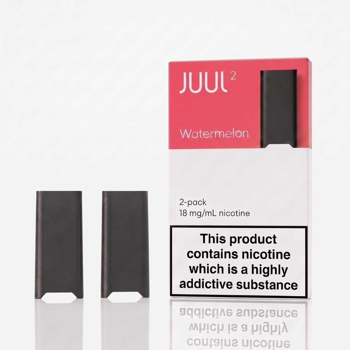 Two JUUL 2 disposable vape devices in black are displayed next to their retail packaging box, which is pink, white, and black, labeled 'JUUL 2 Watermelon' and showing a nicotine warning label.