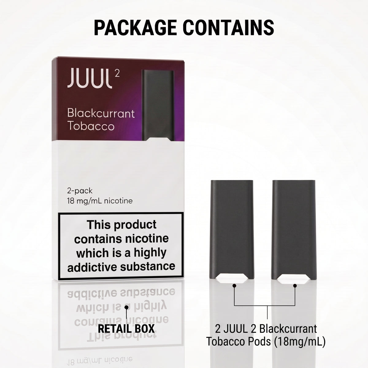 Juul 2 Blackcurrant Tobacco retail packaging shown alongside two disposable vape pods on a white background, with text reading 'PACKAGE CONTAINS' and '2 JUUL 2 Blackcurrant Tobacco Pods (18mg/mL)'.