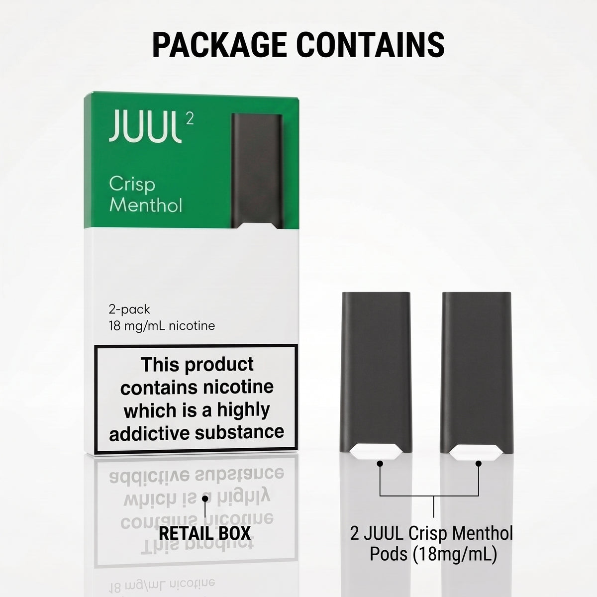 Juul 2 Crisp Menthol retail packaging shown alongside two dark gray disposable vape pods on a white background, with text reading 'PACKAGE CONTAINS' and '2 JUUL Crisp Menthol Pods (18mg/mL)'.