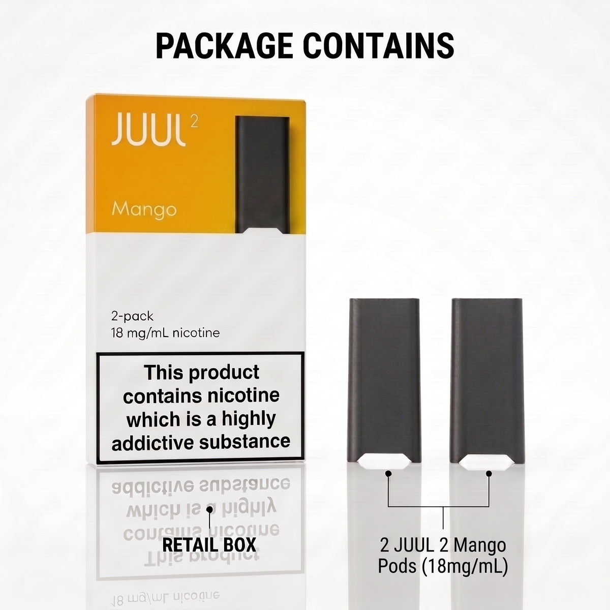 Juul 2 Mango 2-pack retail box shown beside two dark gray Juul pods on a white background, with text reading 'PACKAGE CONTAINS' and '2 JUUL 2 Mango Pods (18mg/mL)'.