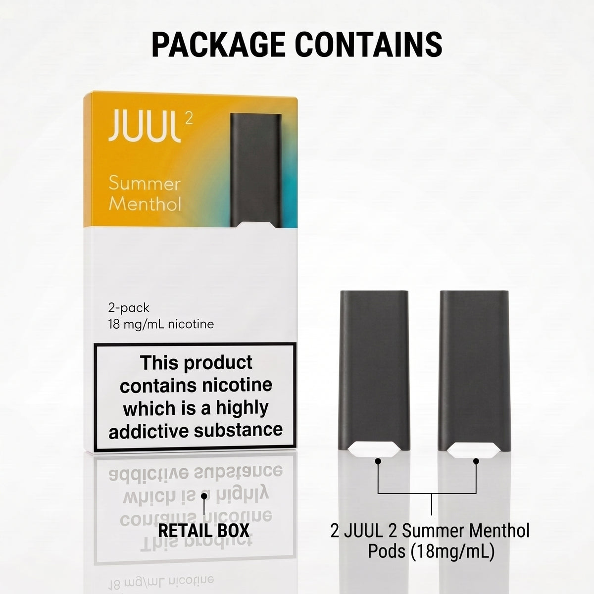 Juul 2 Summer Menthol retail box shown next to two disposable vape pods on a white background, with the text 'PACKAGE CONTAINS' at the top and '2 JUUL 2 Summer Menthol Pods (18mg/mL)' at the bottom.
