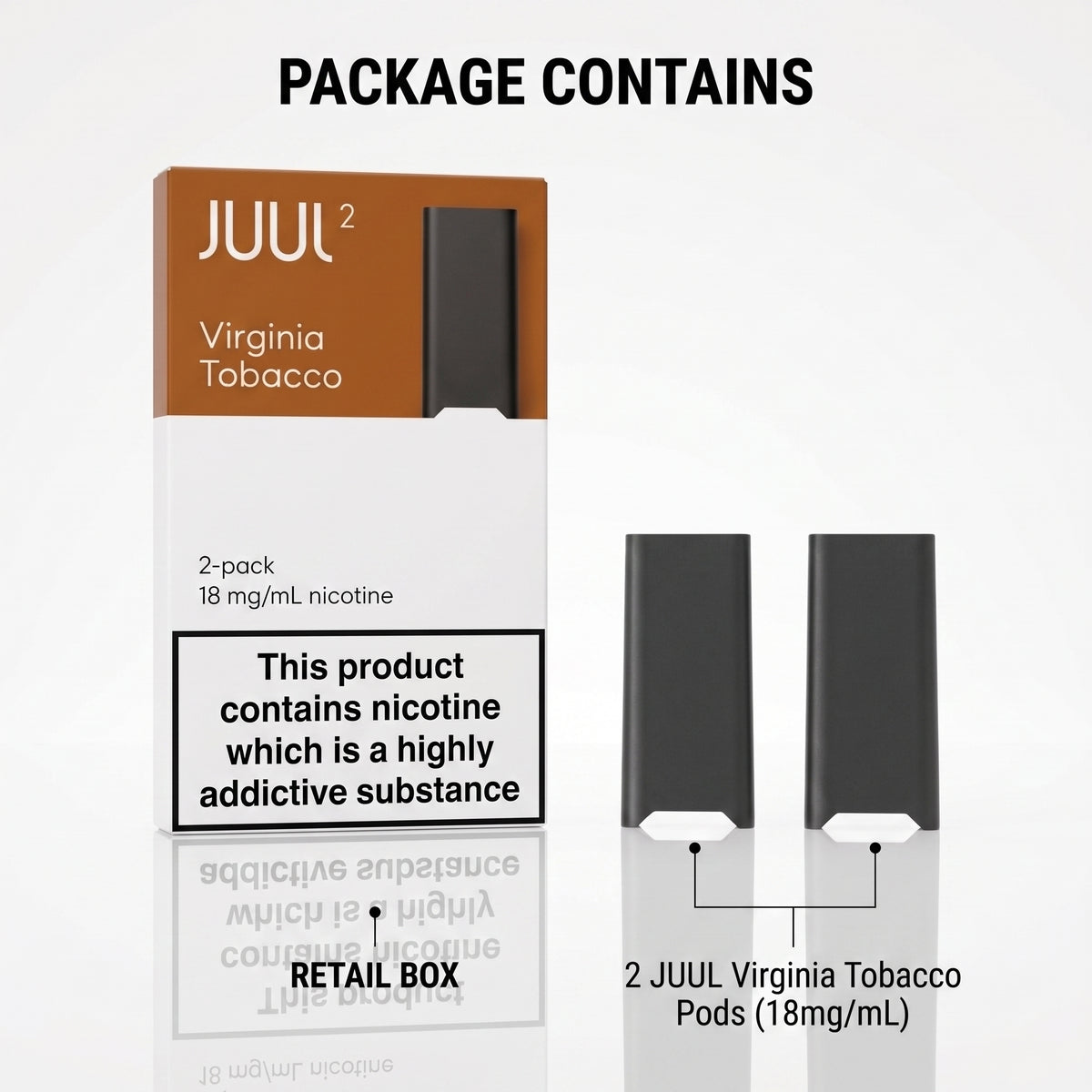 Juul2 Virginia Tobacco 2-pack retail box shown beside two dark gray JUUL pods on a white background, with text reading 'PACKAGE CONTAINS' and '2 JUUL Virginia Tobacco Pods (18mg/mL)'.