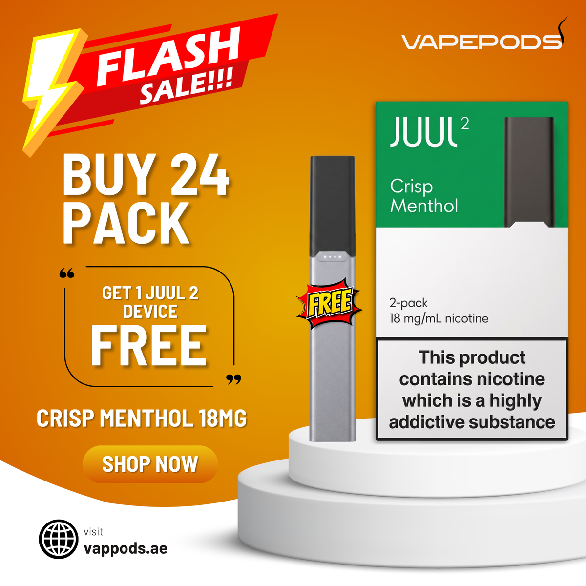 Vapepods Juul 2 Crisp Menthol 18mg nicotine product pack promotional graphic with a single vape device and its box on a white pedestal against an orange background, with sale text and Vapepods branding.