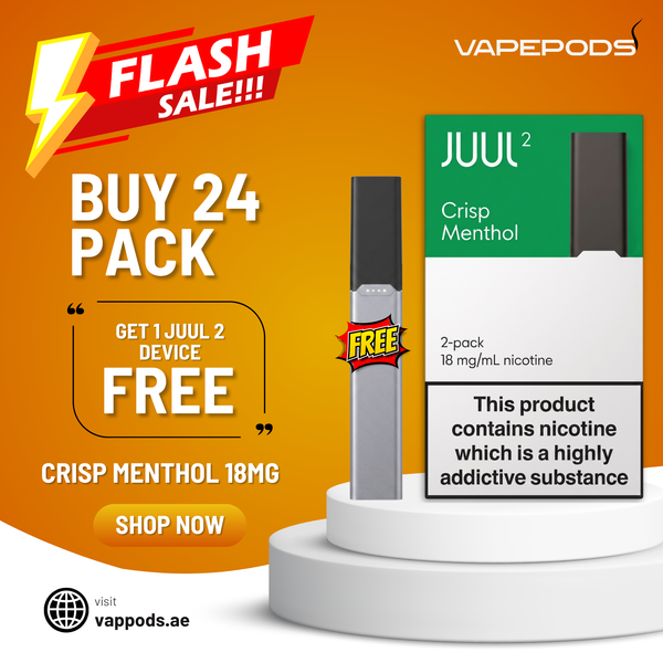 Vapepods Juul 2 Crisp Menthol 18mg nicotine product pack promotional graphic with a single vape device and its box on a white pedestal against an orange background, with sale text and Vapepods branding.