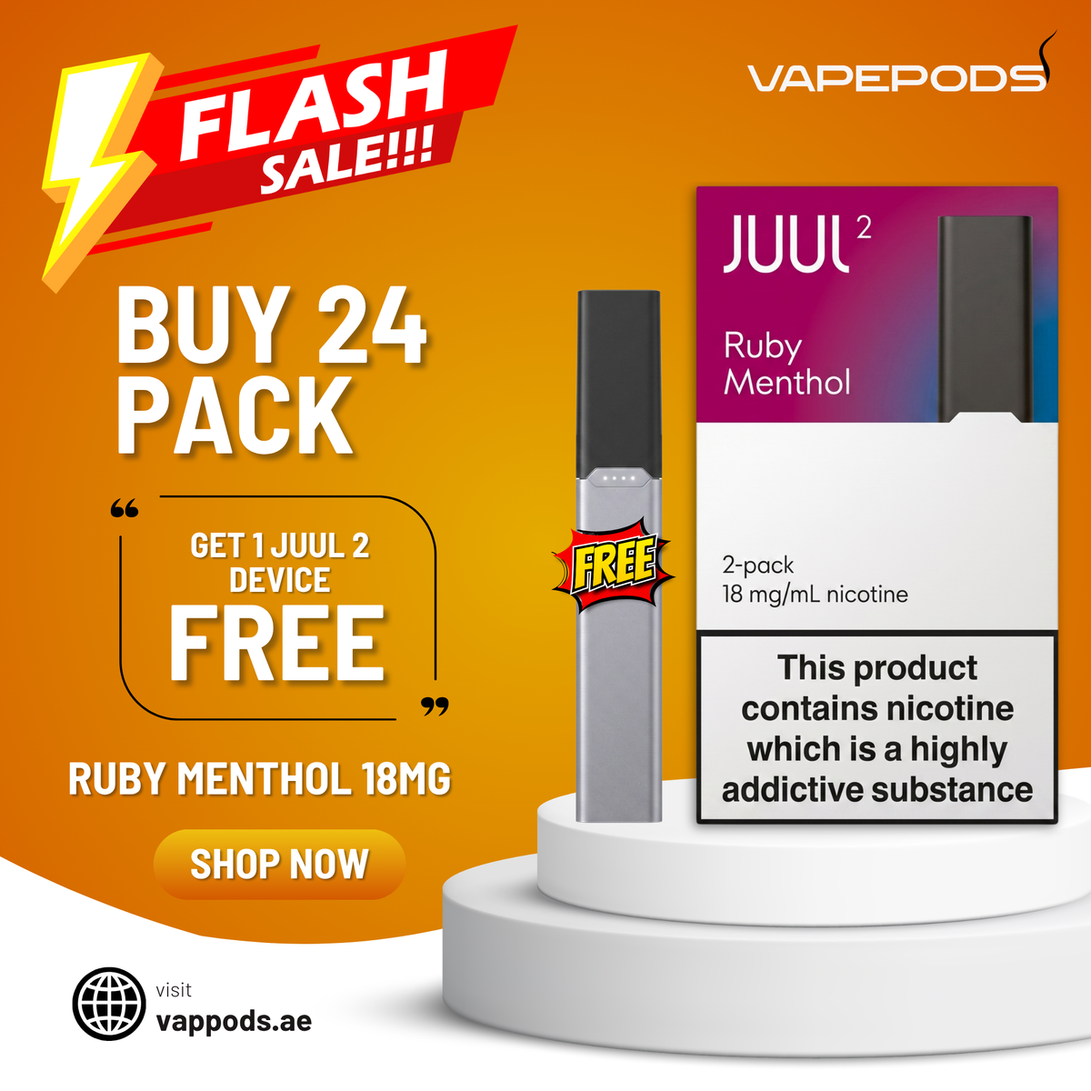 Vapepods Juul 2 Ruby Menthol 18mg nicotine pouches shown with retail packaging on a white pedestal, set against a bright orange and yellow promotional graphic with text offering a 24-pack and free device.