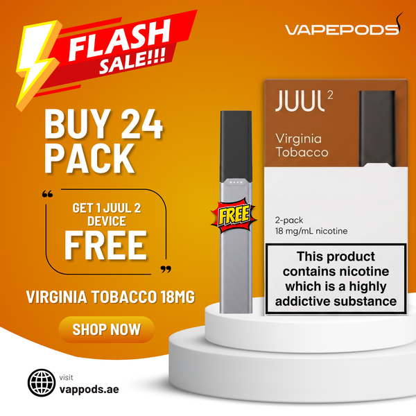Promotional graphic for a VapoPods JUUL 2 Virginia Tobacco 18mg 2-pack nicotine device and box, with a large orange-to-yellow gradient background, sale text, and a white display pedestal showing one device and the box.