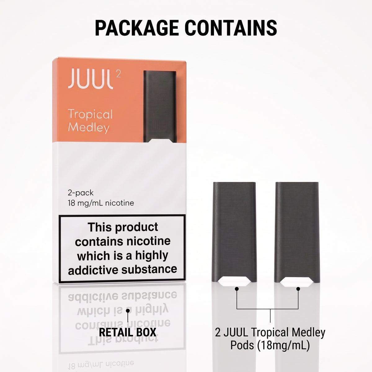 Juul 2 Tropical Medley 2-pack retail box shown next to two dark gray Juul pods on a white background, with text reading 'PACKAGE CONTAINS' and '2 JUUL Tropical Medley Pods (18mg/mL)'.