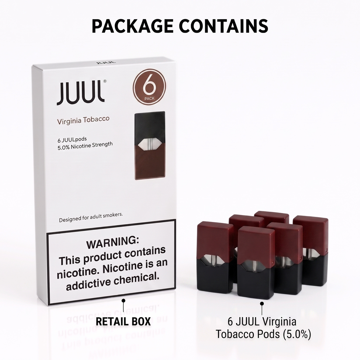 JUUL Virginia Tobacco retail box shown next to six JUUL Virginia Tobacco Pods (5.0% nicotine strength) on a white background with 'PACKAGE CONTAINS' text and labels.