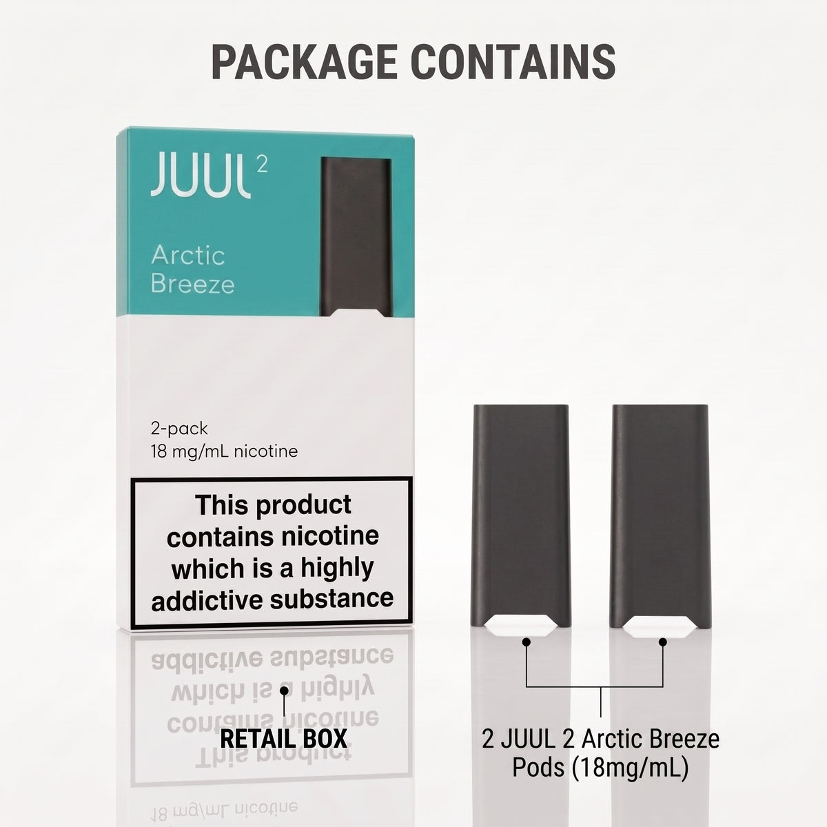 Juul 2 Arctic Breeze retail packaging shown on a white background with two dark gray vape pods beside it and text reading 'PACKAGE CONTAINS' and '2 JUUL 2 Arctic Breeze Pods (18mg/mL)'.