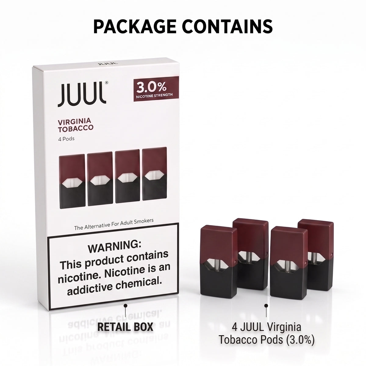 JUUL Virginia Tobacco 4-pod box packaging shown beside four individual JUUL pods on a white background, with text reading 'PACKAGE CONTAINS' and '4 JUUL Virginia Tobacco Pods (3.0%)'.