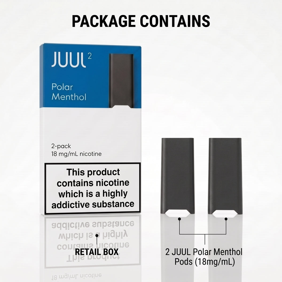 Juul2 Polar Menthol retail packaging shown alongside two dark gray JUUL pods on a white background, with text reading 'PACKAGE CONTAINS' and '2 JUUL Polar Menthol Pods (18mg/mL)'.