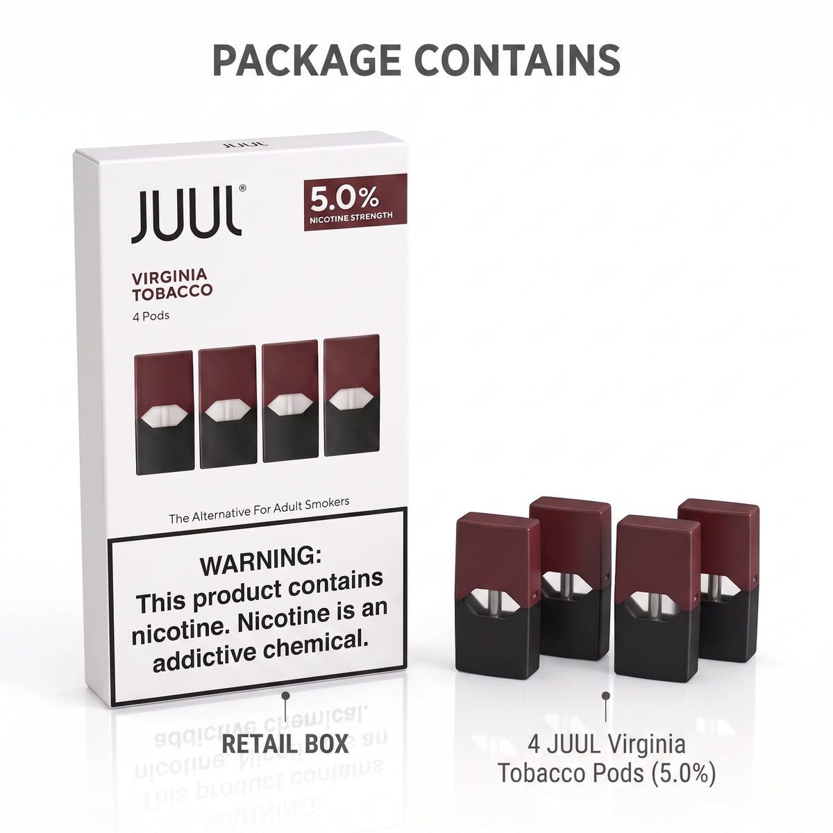 JUUL Virginia Tobacco 5.0% nicotine pods shown with their retail box on a dark blue background, with text reading 'PACKAGE CONTAINS' and '4 JUUL Virginia Tobacco Pods (5.